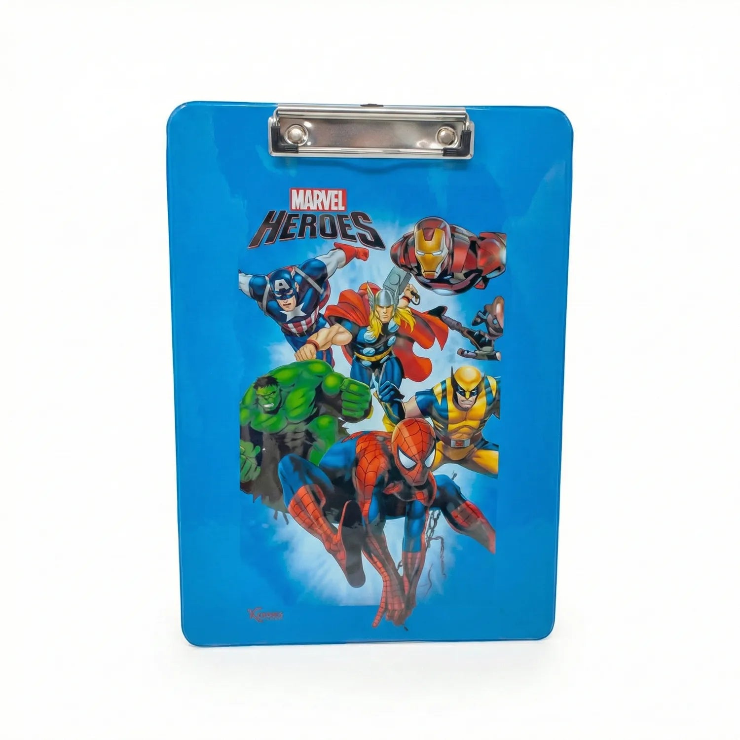 Blue Marvel Heroes Clipboard Character featuring Spider-Man, Iron Man, Thor, Hulk and other superheroes with metal clip