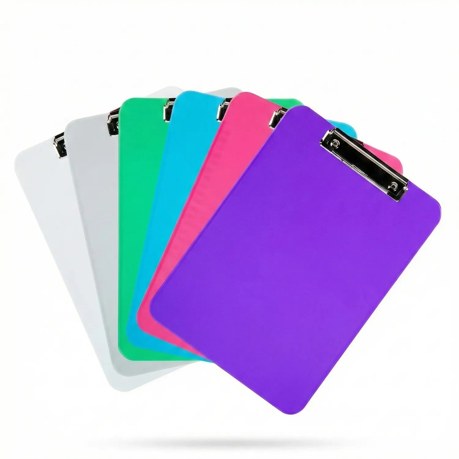 6-pack Clipboard Crystal in white, gray, green, cyan, pink, and purple with black metal clips, fanned display