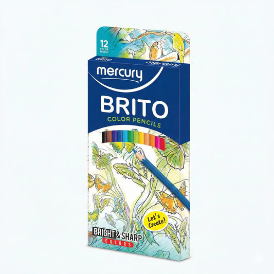 Mercury Brito 12 Color Pencils set in packaging with colorful butterfly illustration, sharp pencils visible, and blue pencil example shown.