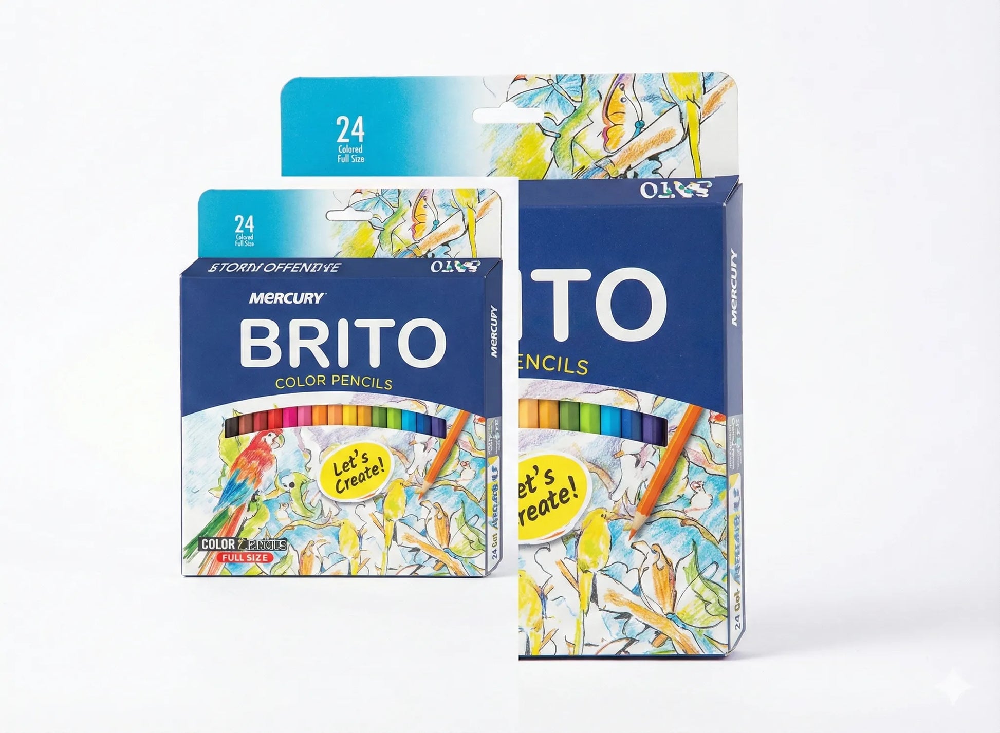 Mercury Brito 24 Color Pencils set showing full-size pencils in assorted colors including reds, yellows, greens, blues, packaging with 'Let's Create' design