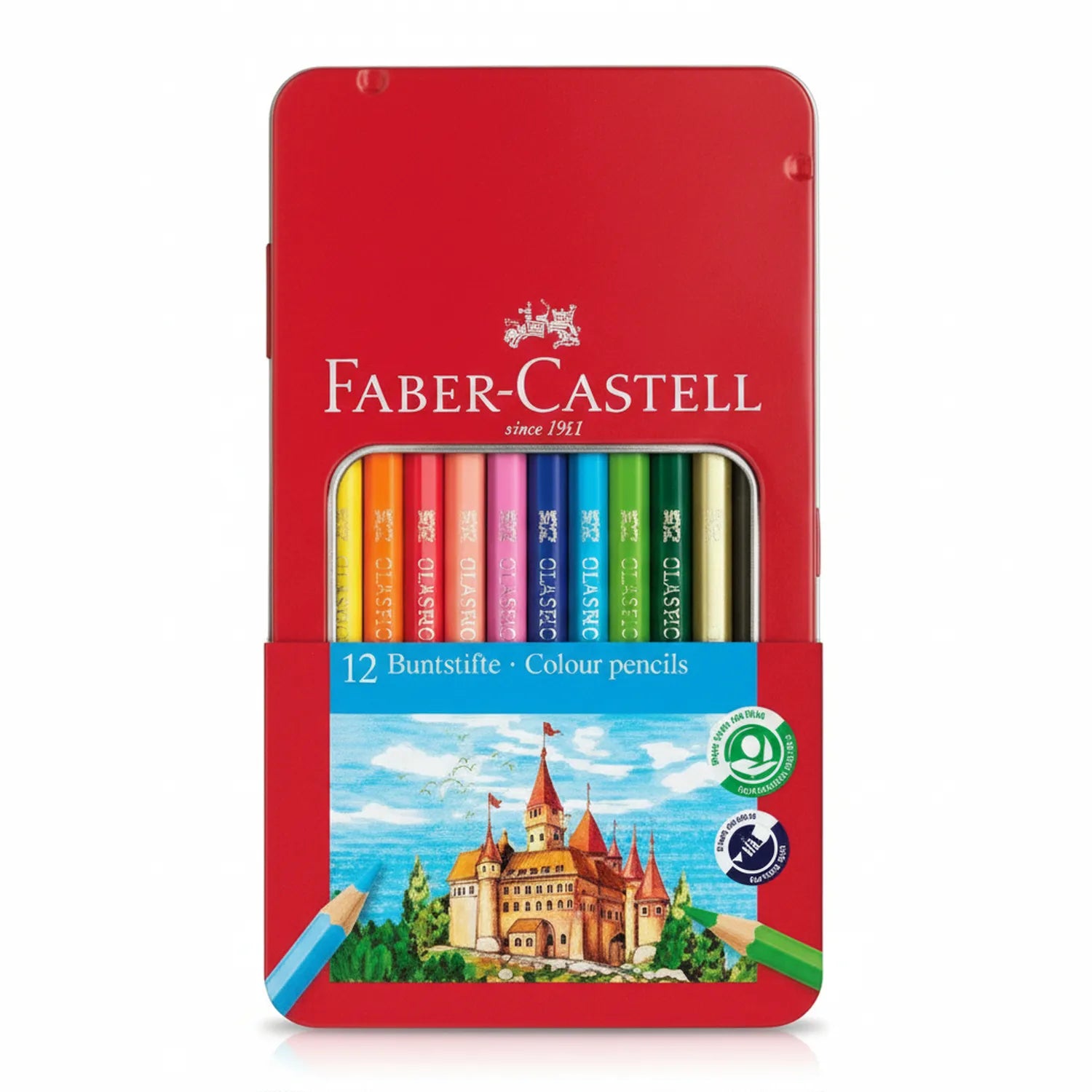 Faber-Castell Classic 12 Colour Pencils in red tin with 12 assorted colored pencils displayed, featuring castle illustration and eco-certification badges.