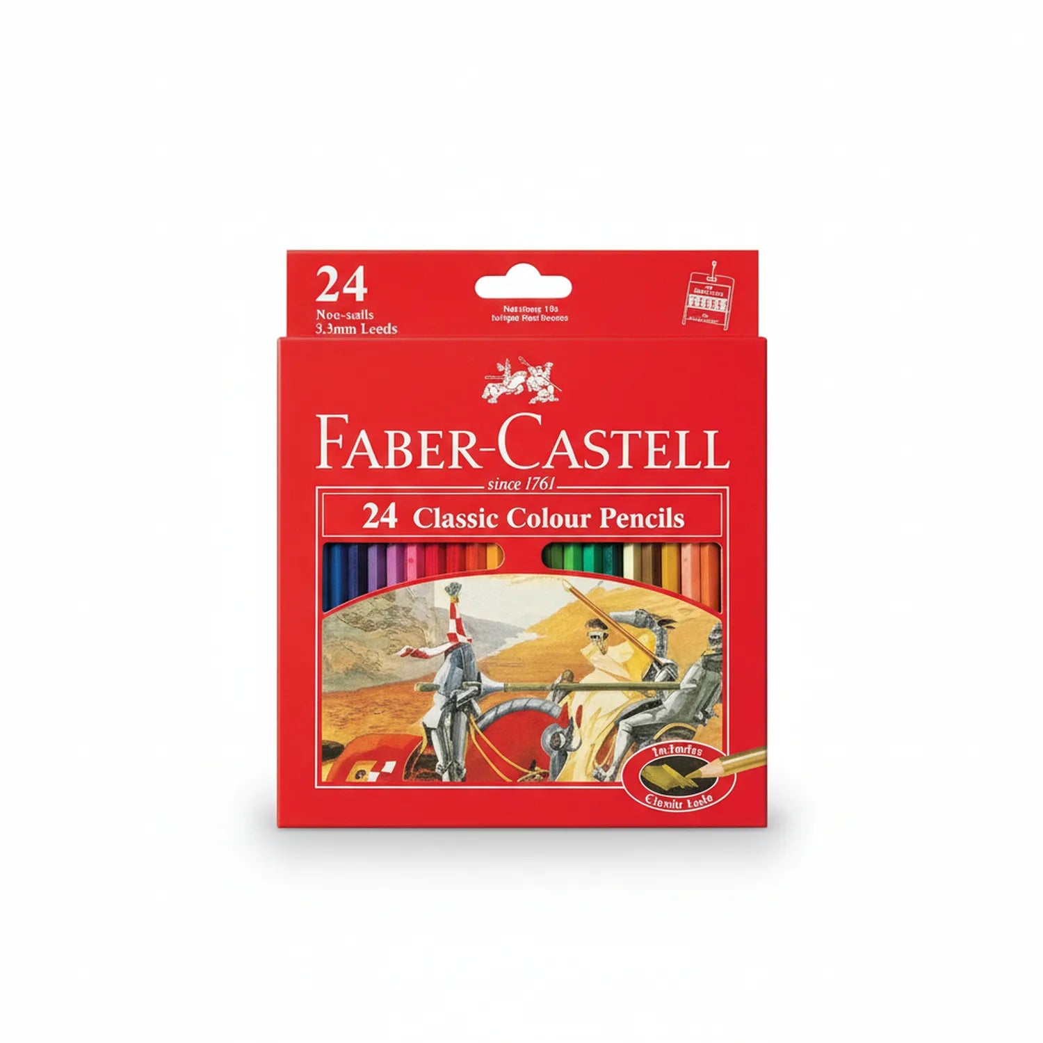Faber-Castell 24 Classic Colour Pencils set in red packaging with 3.3mm leads, showing assorted colors arranged in the package display.