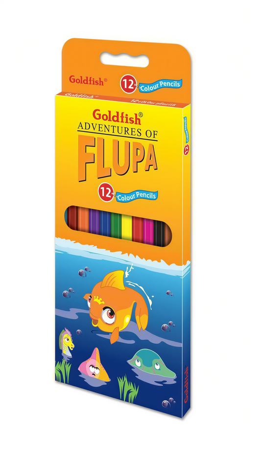 Goldfish Adventures of Flupa 12 Colour Pencils Set with orange packaging and underwater-themed design
