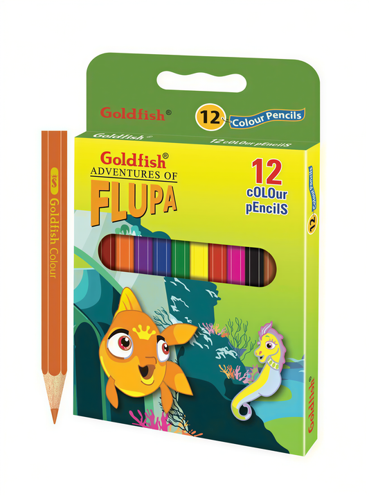 Goldfish Adventures of Flupa 12 Colour Pencils Set with orange packaging and underwater character illustrations