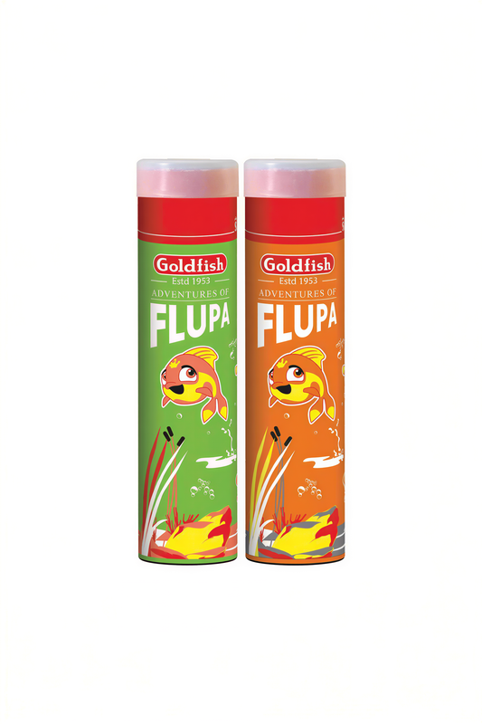 Two Goldfish Adventures of Flupa color pencil tins - green and orange varieties with cartoon fish design, 24 colors each
