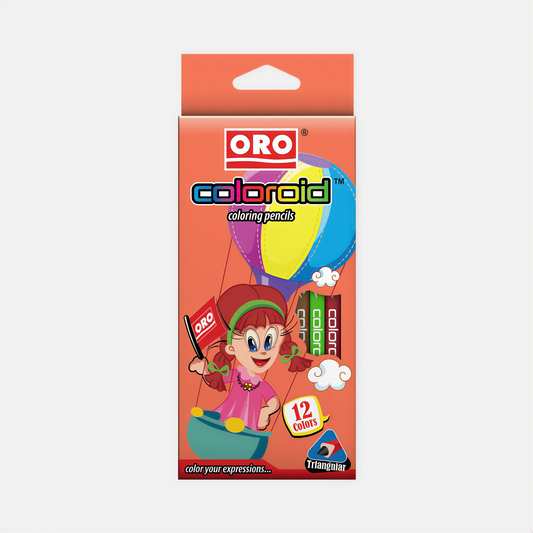 Oro Coloroid 12-color triangular coloring pencils with illustrated character and kite design on orange packaging