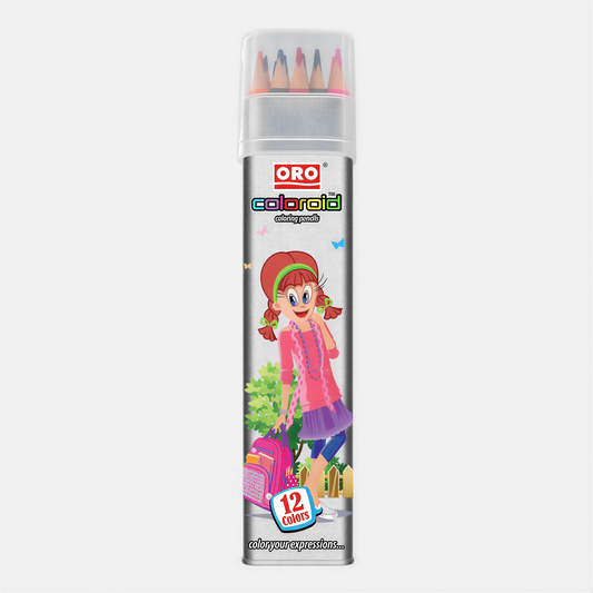 Oro Coloroid 12 color coloring pencil set in metal tin with cartoon girl character design
