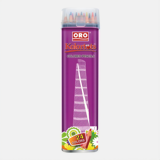 Oro Kolortots 24 colored pencils in purple tin with clear storage case and sharpened tips visible
