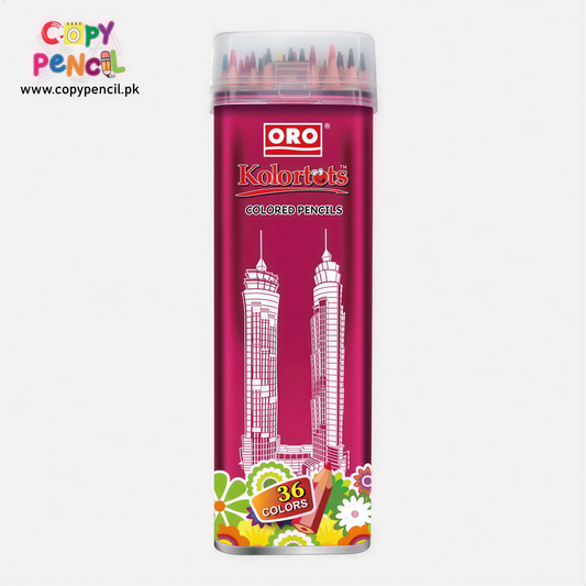 Oro Kolortets 36 colored pencils in metal tin with clear lid and twin towers design on magenta packaging