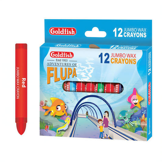 Goldfish Jumbo Wax Crayons 12 pack with Adventures of Flupa theme, red crayon shown separately