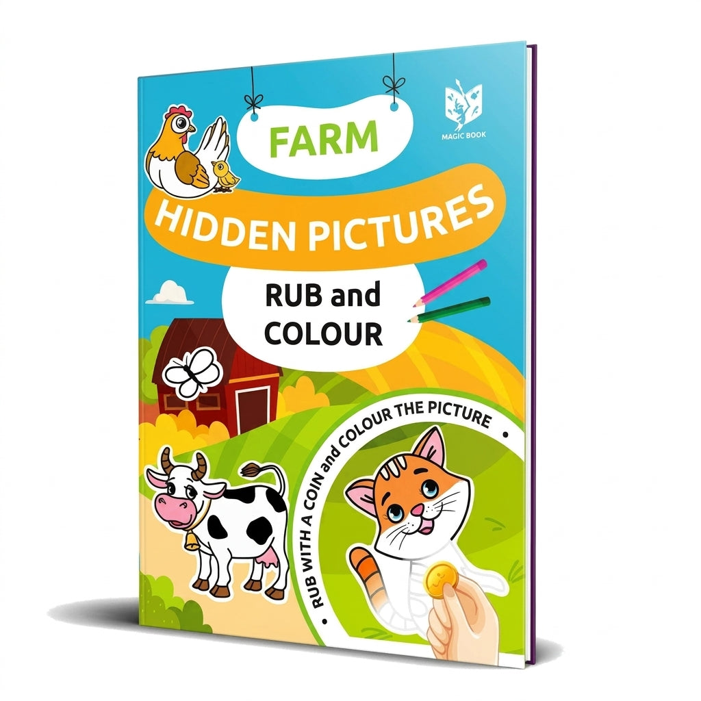 Farm Hidden Pictures Rub and Colour Magic Book hardcover with farm animals including cow, chicken, and cat illustrations on blue and green background