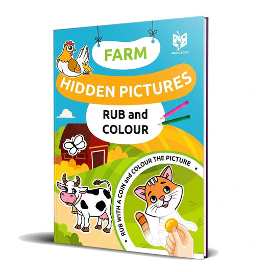 Farm Hidden Pictures Rub and Colour Magic Book hardcover with farm animals including cow, chicken, and cat illustrations on blue and green background