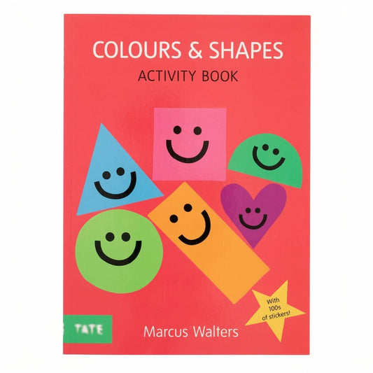 Colours & Shapes Activity Book cover featuring smiling geometric shapes in blue, pink, green, yellow, and purple on red background