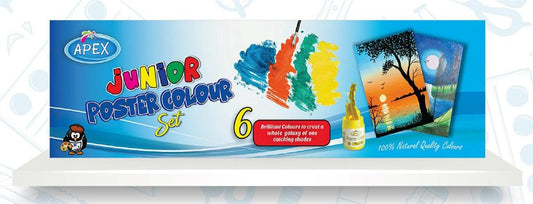 Apex Junior Poster Colour Set 6 with paint swatches and sample paintings on blue packaging