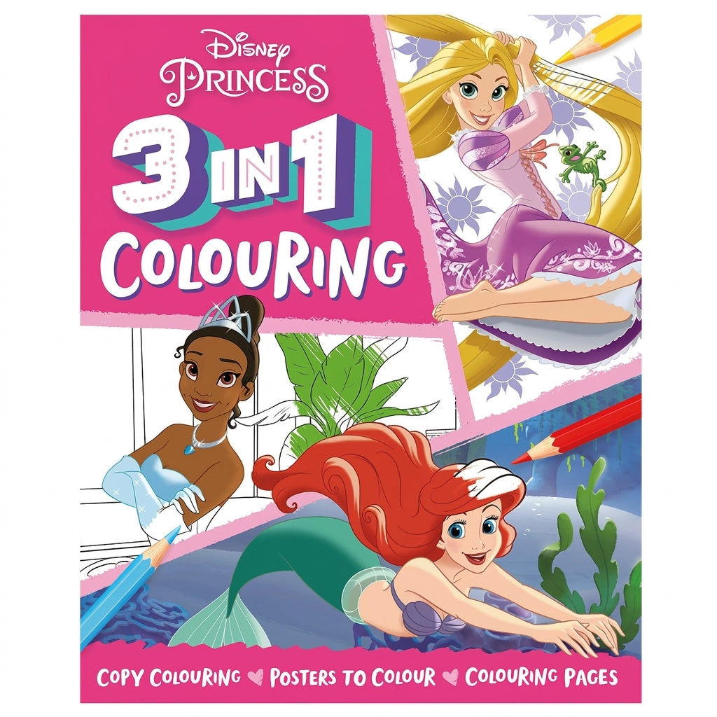 Disney Princess 3 in 1 Colouring Book with pink cover featuring Rapunzel, Ariel, and Tiana with colouring pencils and activity pages displayed.