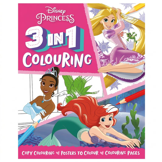 Disney Princess 3 in 1 Colouring Book with pink cover featuring Rapunzel, Ariel, and Tiana with colouring pencils and activity pages displayed.
