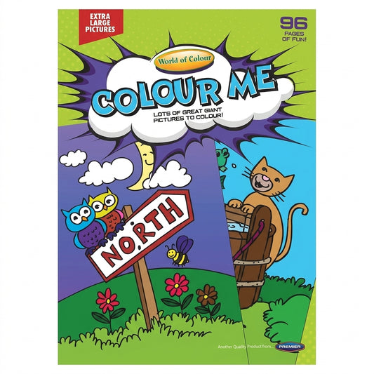 World of Colour Colour Me colouring book 96 pages with extra large pictures. Cover shows colorful illustrations of owls, cat, flowers, bees, moon and North sign.