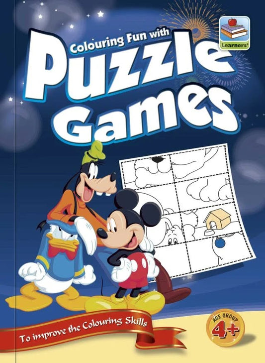 Colouring Fun with Puzzle Games book cover with Mickey Mouse and Goofy characters, age 4+ badge, sample puzzle pages visible
