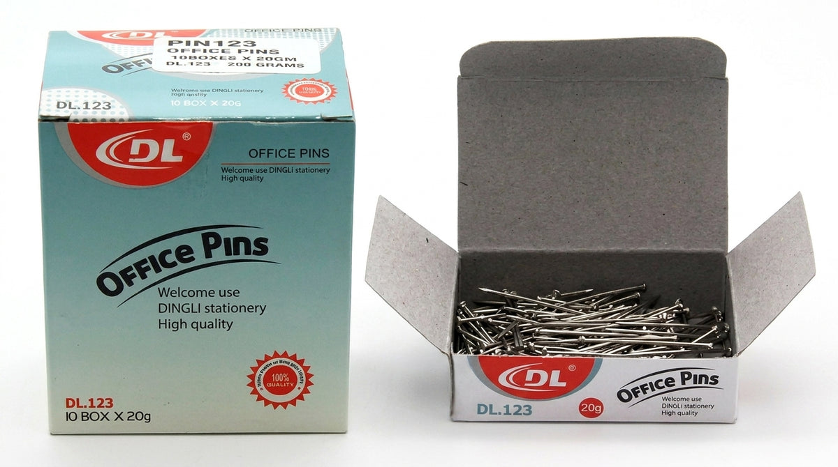 DL.123 Office Pins packaging showing turquoise box and open box displaying metal pins inside