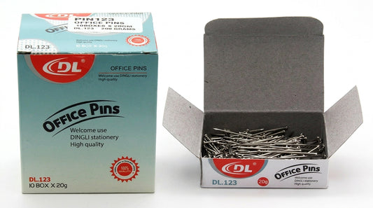 DL.123 Office Pins packaging showing turquoise box and open box displaying metal pins inside