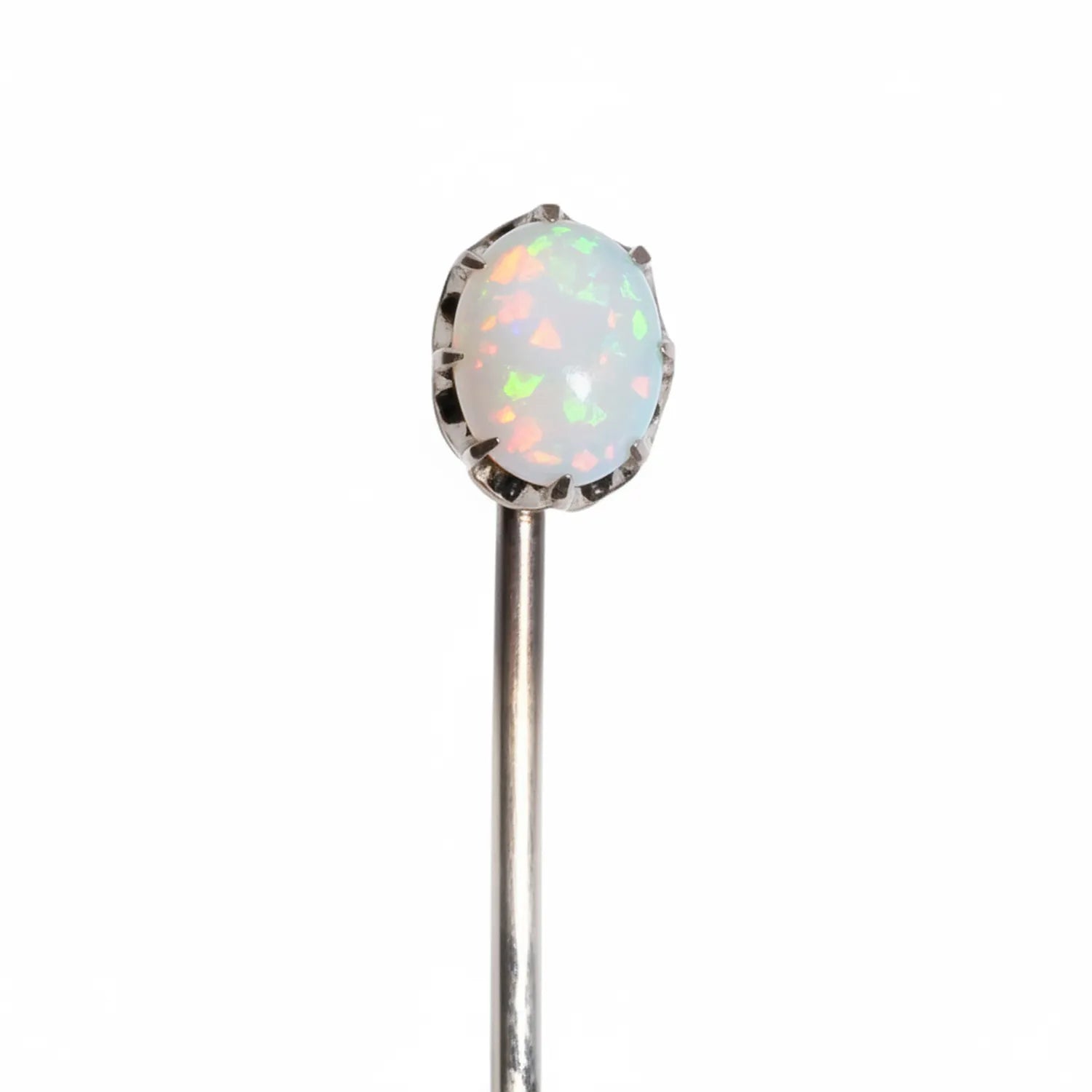 Common Pin Opal - single decorative push pin with white opalescent stone head displaying green, orange and pink flashes, mounted on silver metal barrel