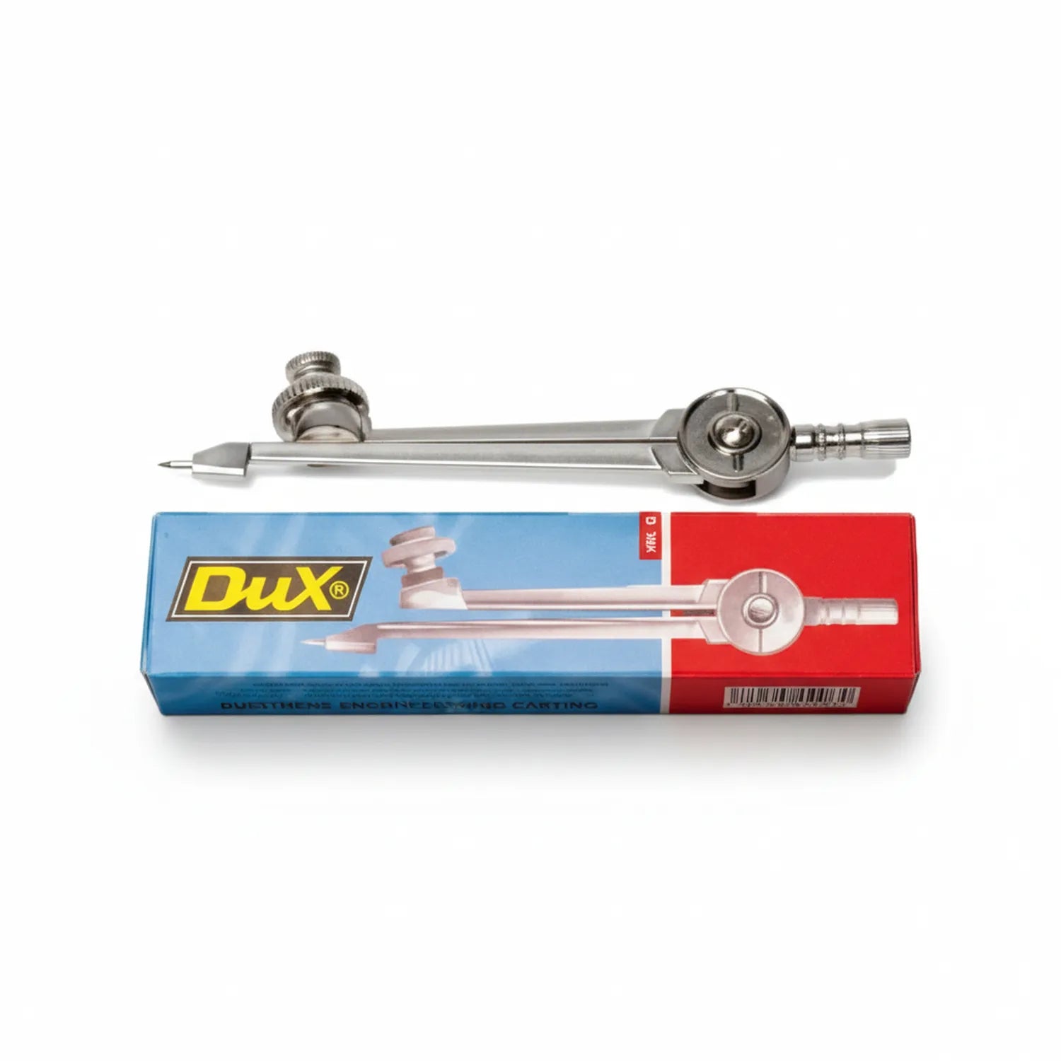 Dux Compass precision metal drawing tool with needle point and lead holder, shown above branded blue and red packaging box