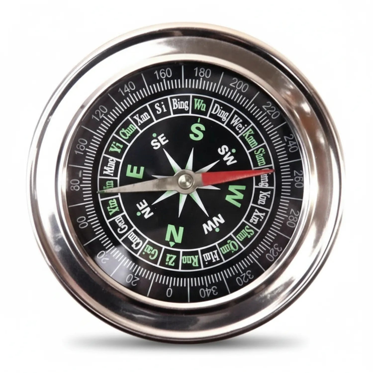Compass Steel with magnetic needle, degree scale markings 0-360, cardinal directions N-S-E-W, integrated temperature scale, black dial, red needle, steel bezel