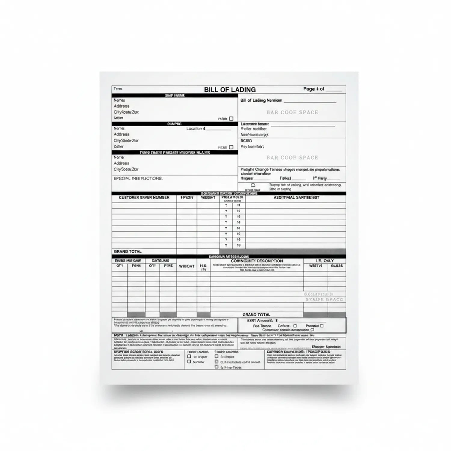 Bill of Lading Form document showing shipper, consignee, and cargo information sections with weight and freight charge fields