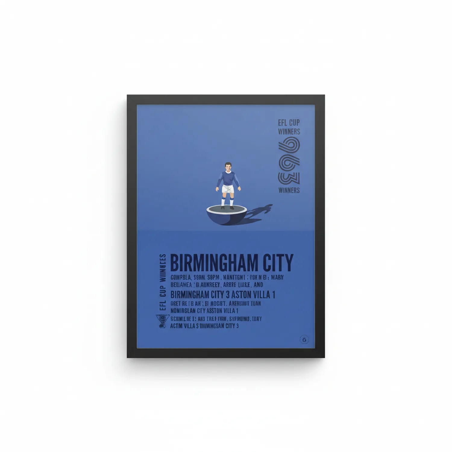 Framed blue art print showing Birmingham City EFL Cup Winners 1931 with illustrated football player and match details on dark frame