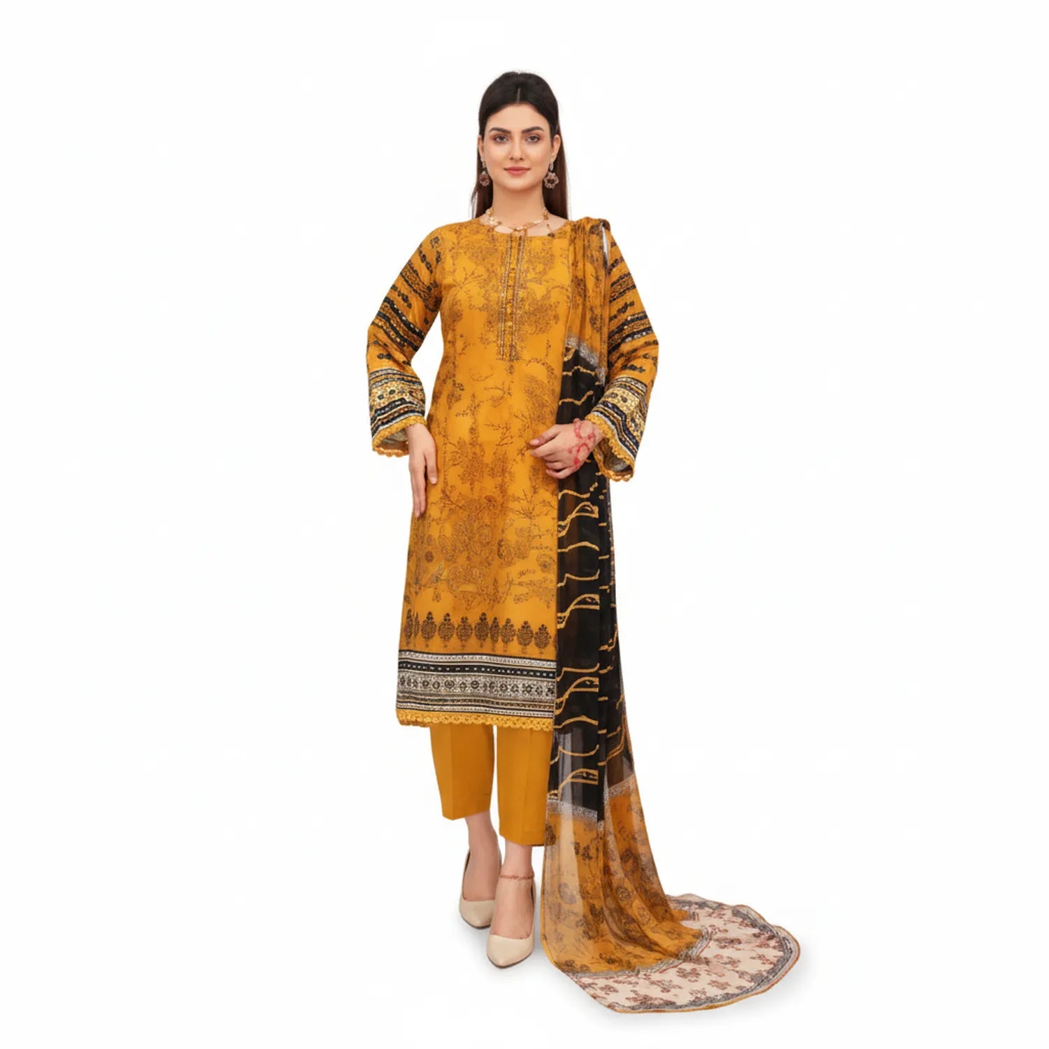 Copy Emb traditional embroidered salwar kameez set - woman wearing golden yellow kurta with black embroidered details, matching pants, and black/gold patterned dupatta scarf