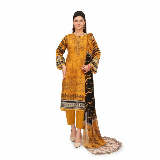 Copy Emb traditional embroidered salwar kameez set - woman wearing golden yellow kurta with black embroidered details, matching pants, and black/gold patterned dupatta scarf