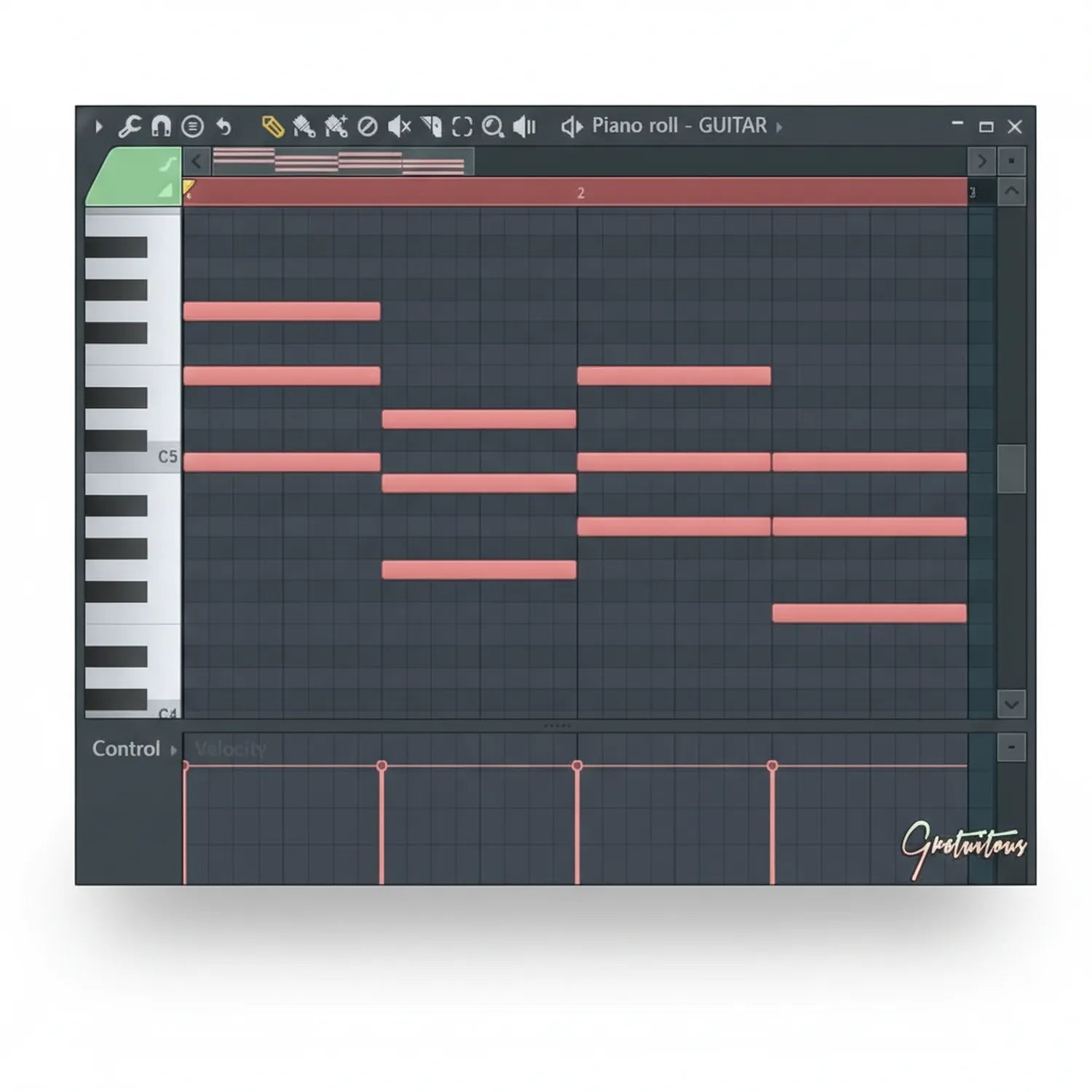 FL Studio Piano Roll GUITAR interface showing red note bars on musical staff grid with C5 note marked, keyboard on left, and velocity control panel below