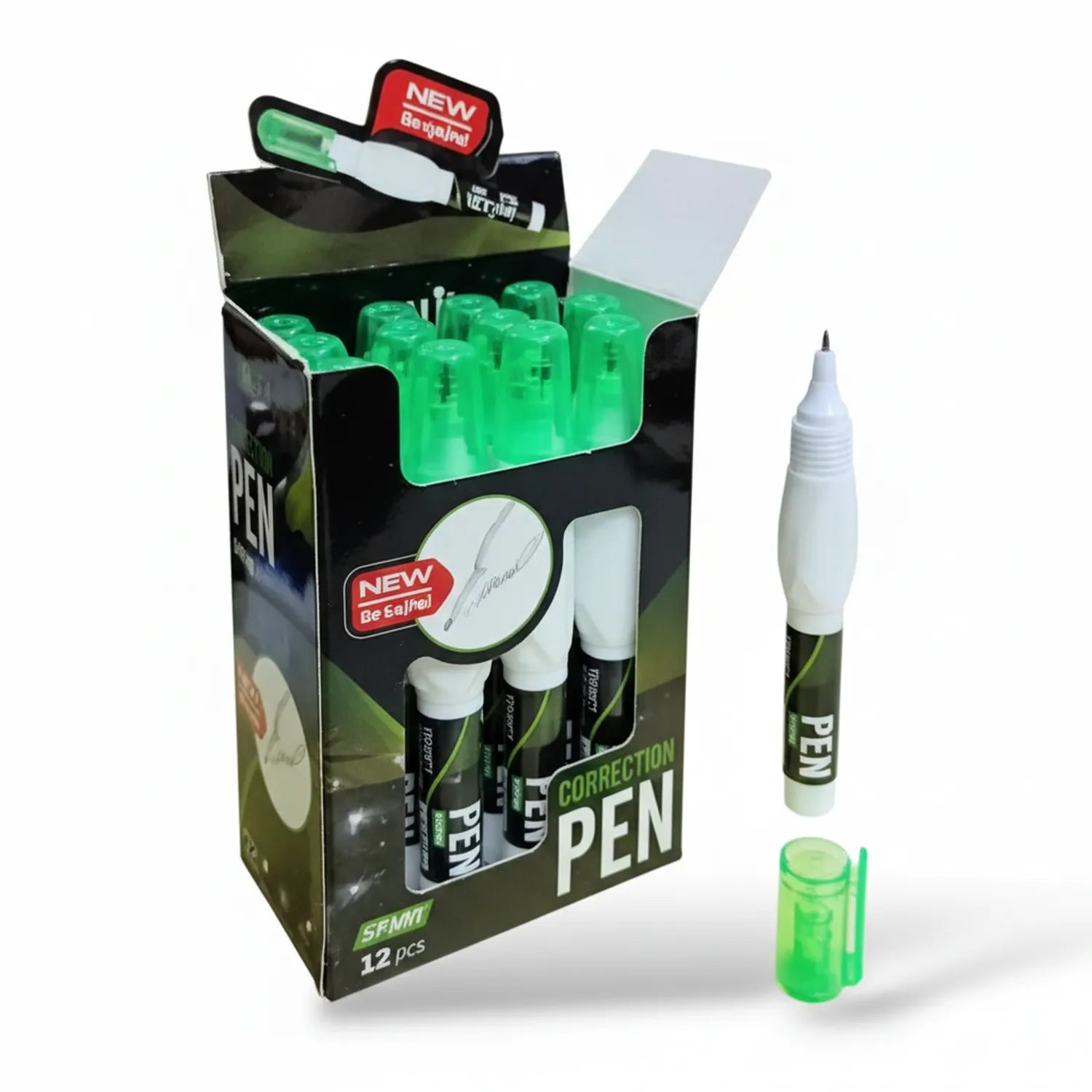 Correction Pen Fuji display box showing 12-pack green correction pens with white tips and green caps, including one individual pen and cap shown separately.