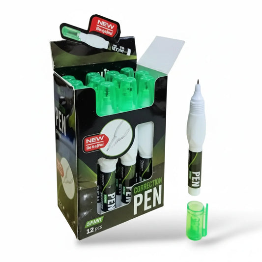Correction Pen Fuji display box showing 12-pack green correction pens with white tips and green caps, including one individual pen and cap shown separately.
