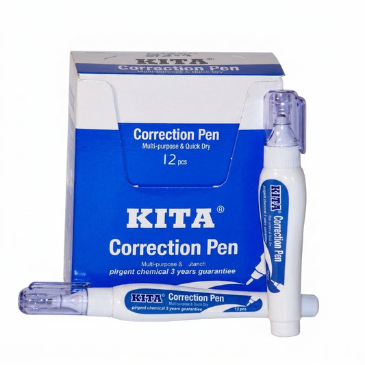KITA Correction Pen pack of 12 pcs, multi-purpose quick dry formula with white correction pens displayed