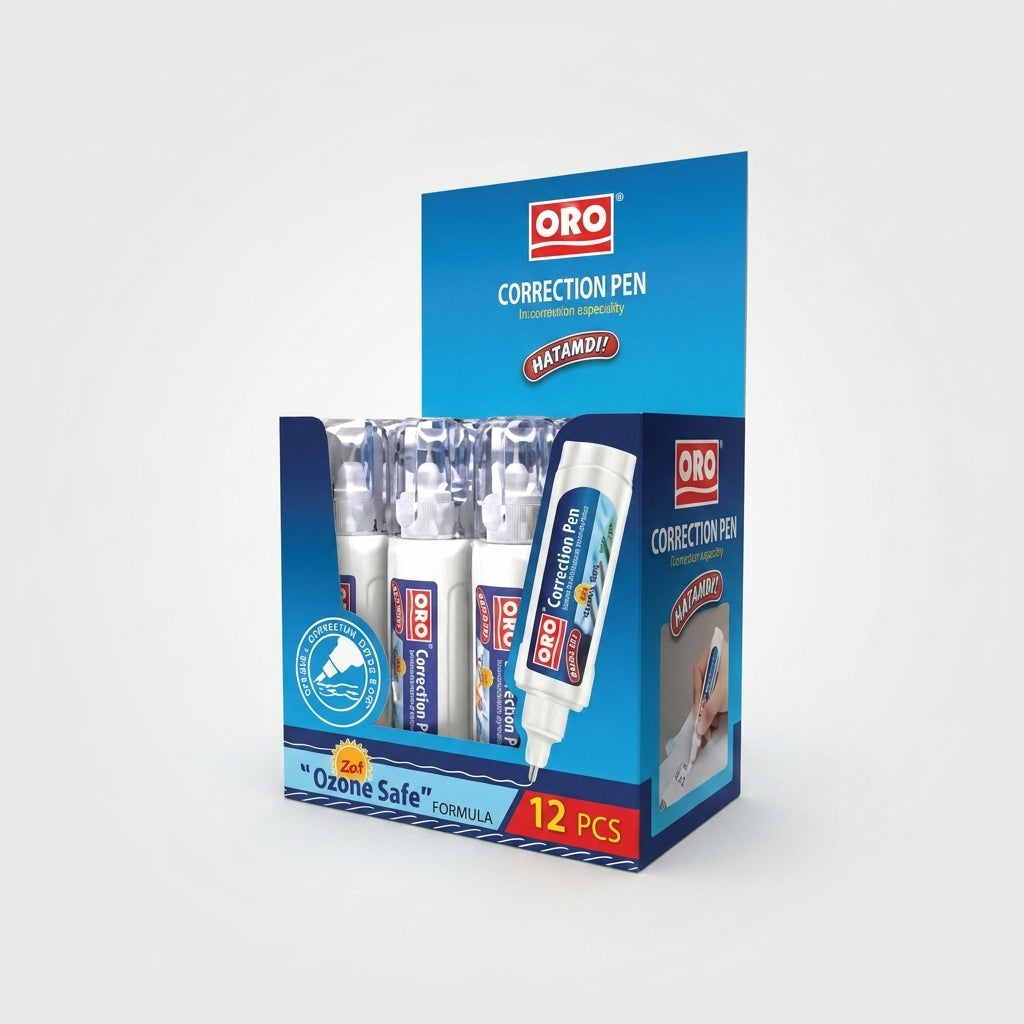 Oro Correction Pen White Fluid 12-piece pack with blue box packaging and individual pen bottles displayed