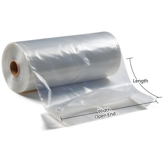Large clear plastic cover roll with open end on white background, showing width and length dimensions