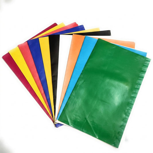 10-piece assorted colored plastic register covers in A4 size fanned out showing burgundy, yellow, red, blue, black, white, orange, cyan, peach, and green colors.