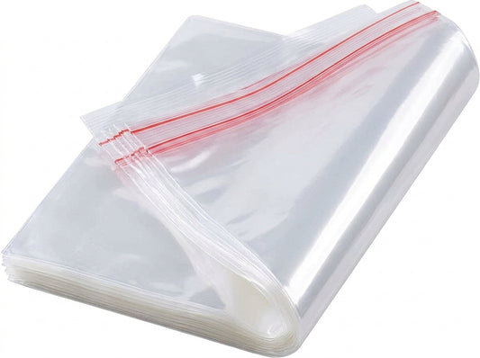 Stack of clear small plastic bags with red zip-lock closures, fan-folded for easy dispensing