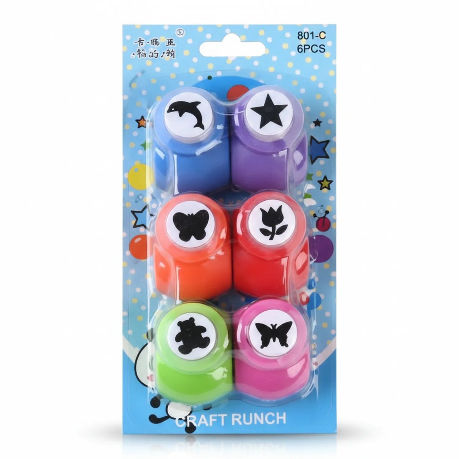 Craft Runch Punch 801-C 6-piece set with blue, purple, orange, red, green, and pink punches featuring dolphin, star, butterfly, and decorative designs on packaging.