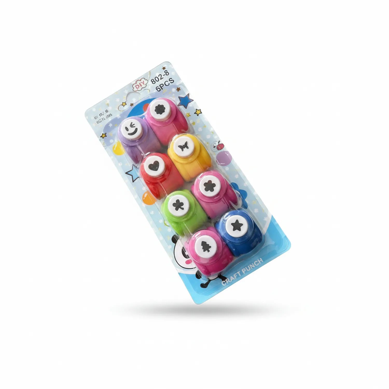 Craft Punch 802 8-piece decorative punch set with colorful punches in purple, pink, red, yellow, green, and blue on packaging card