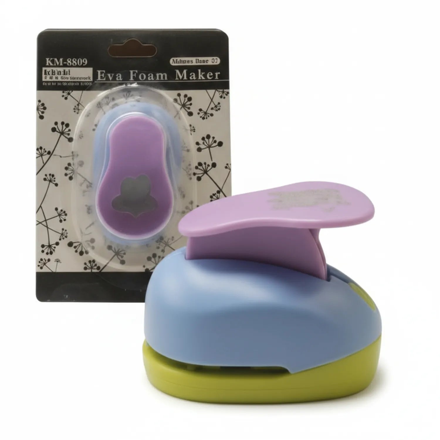 Eva Foam Maker Craft Punch KM-8809 with packaging and tool displayed, showing pink, light blue, and yellow-green punch heads in 4-in-1 design