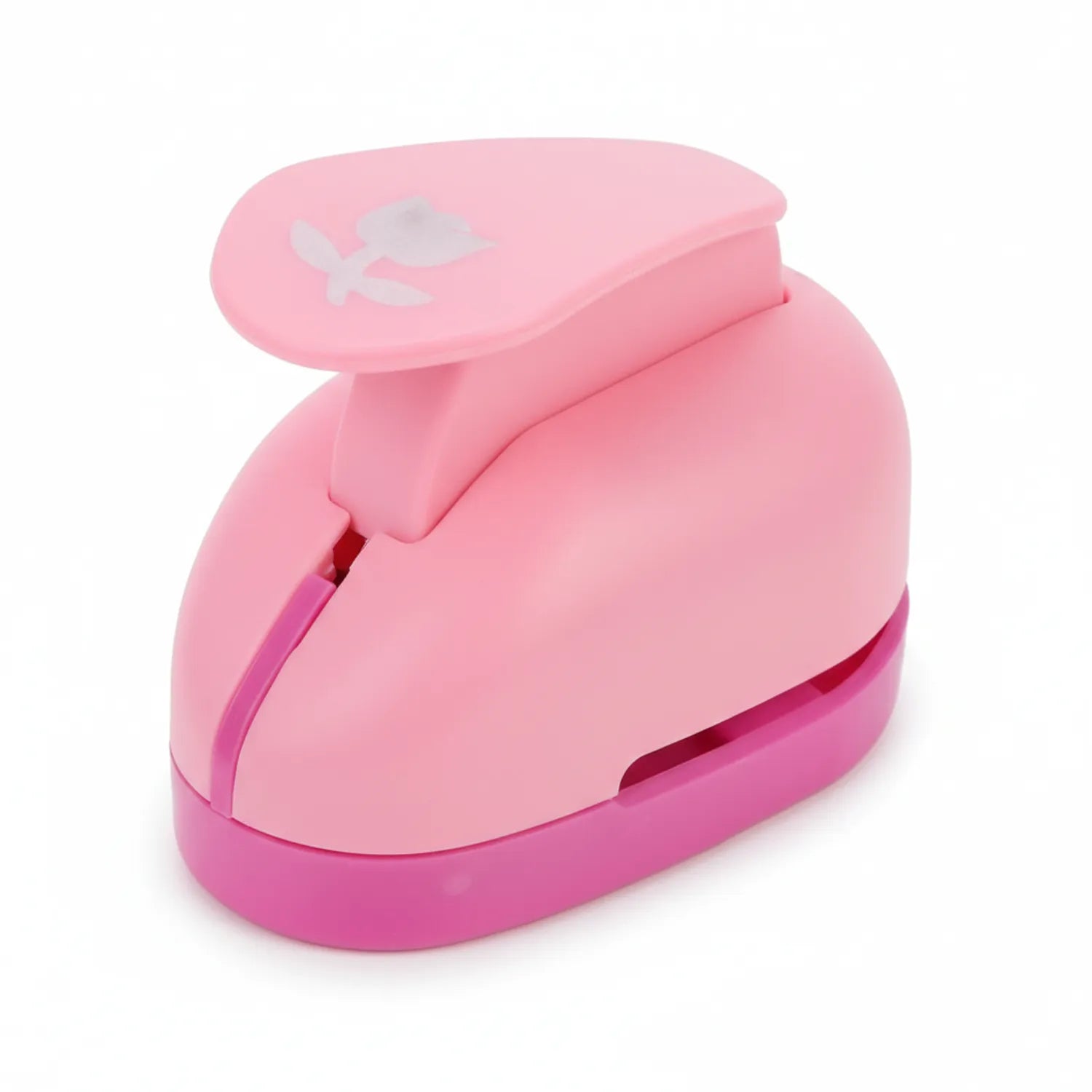 Pink Craft Punch 8815 with butterfly design on lid, ergonomic handle, and storage compartment for punch-outs