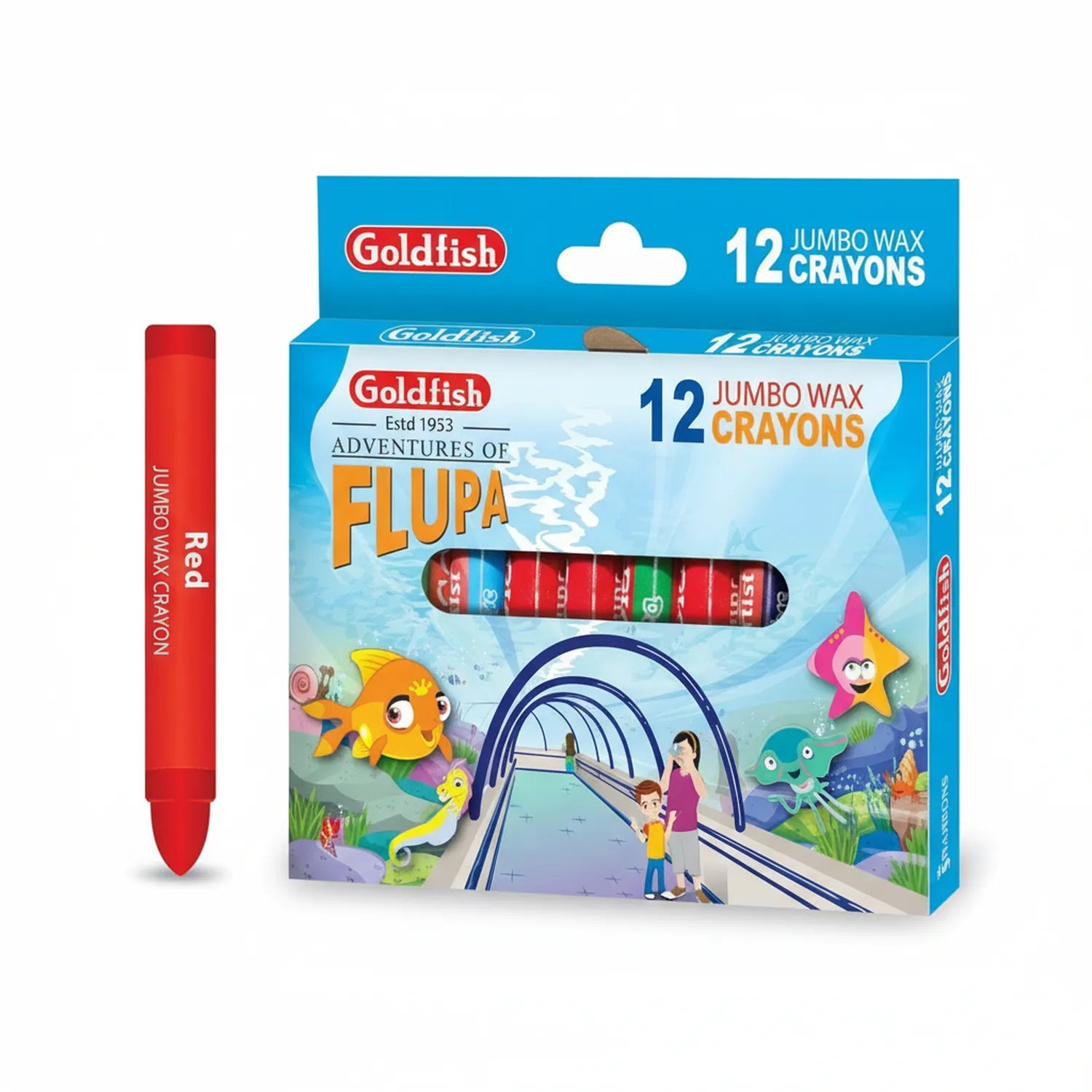 Goldfish Jumbo Wax Crayons 12-pack with Adventures of Flupa theme, red crayon shown separately, colorful underwater scene on packaging