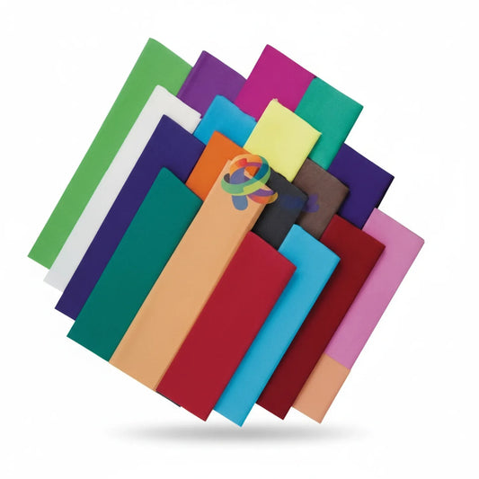 Crepe paper assortment showing 25 vibrant colors including green, purple, magenta, teal, yellow, orange, red, blue, pink, and brown rolls arranged in overlapping display.