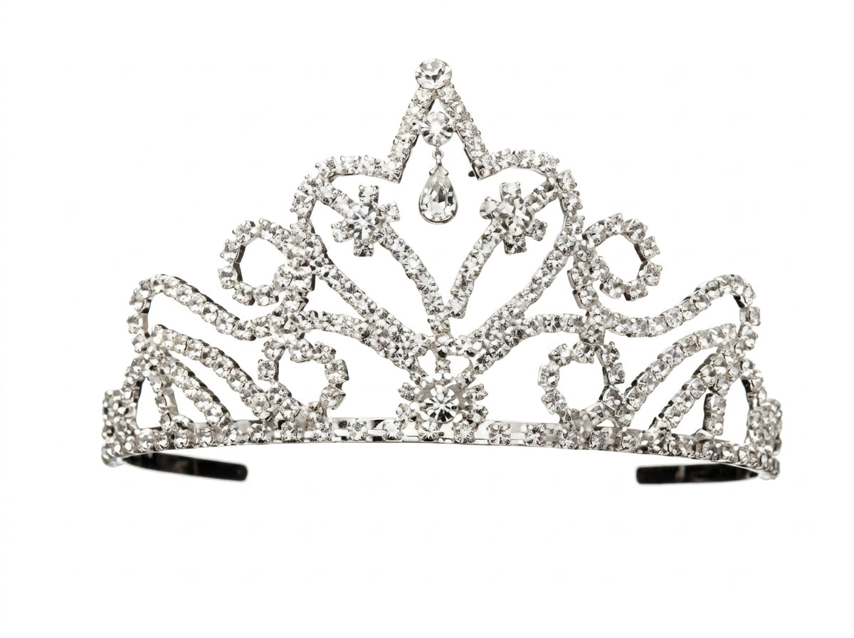 Silver Crown Tajj Fancy tiara with rhinestone crystals and teardrop pendant center stone