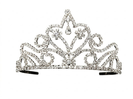 Silver Crown Tajj Fancy tiara with rhinestone crystals and teardrop pendant center stone