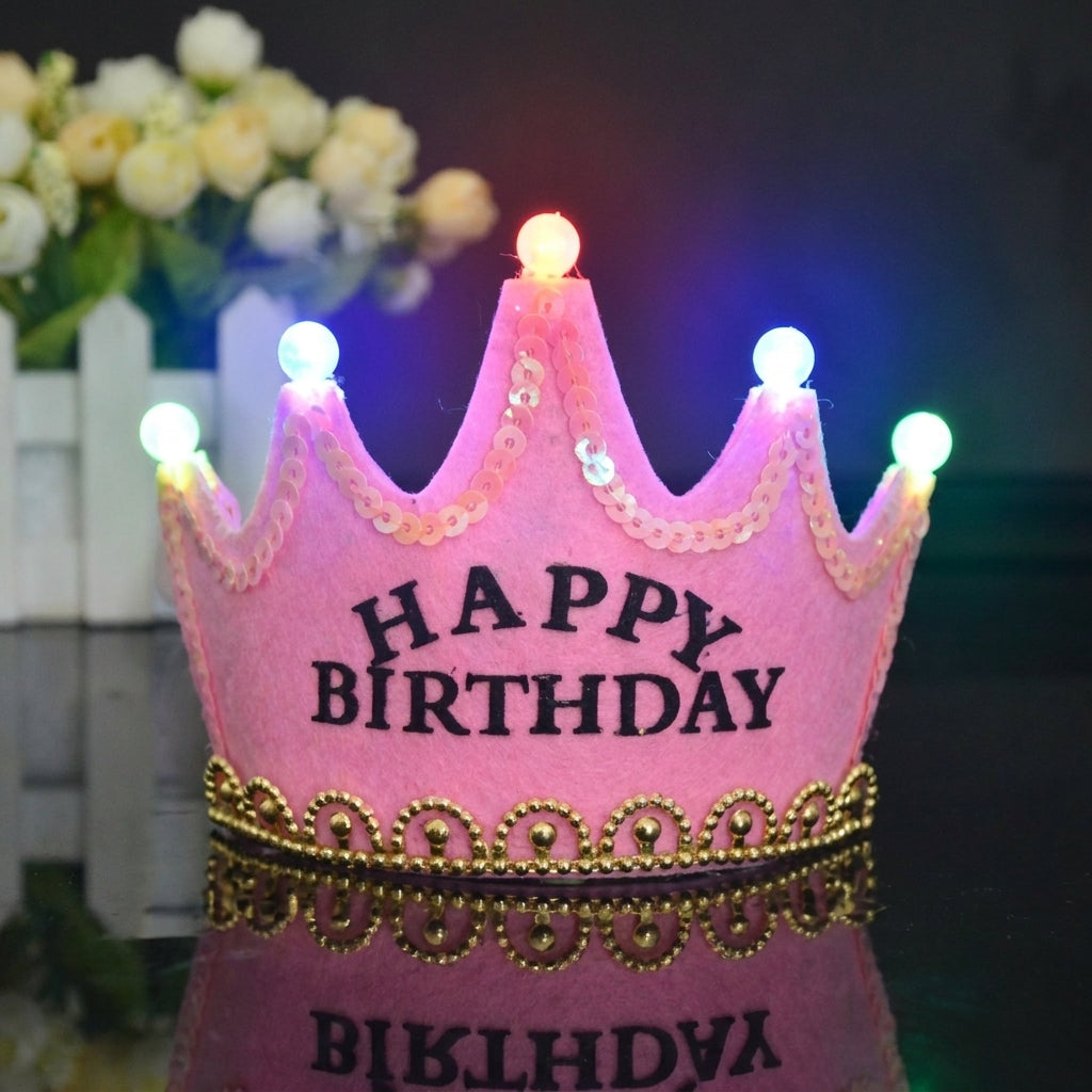Pink light-up Crown Taj HB birthday crown with LED lights, golden trim, and Happy Birthday text