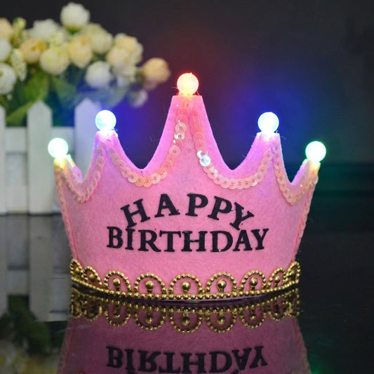 Pink light-up Crown Taj HB birthday crown with LED lights, golden trim, and Happy Birthday text