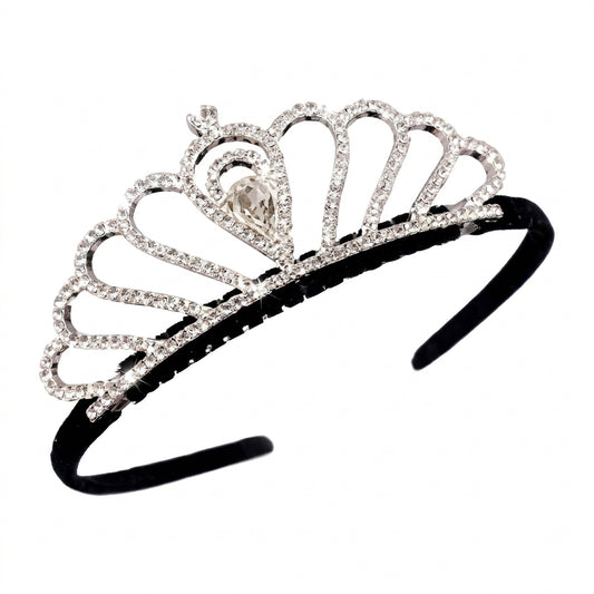 Crown Tajj Simple silver crystal tiara on black velvet headband with teardrop center stone